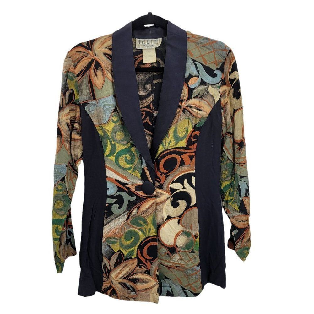 Vtg 80's Blazer Artsy Abstract Funky‎ Zoot Suit Single Breasted Long Line Sz S